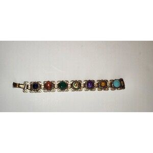 Vintage Etruscan Style Revival Gold Tone Link Bracelet Beautiful Muticolor Boho